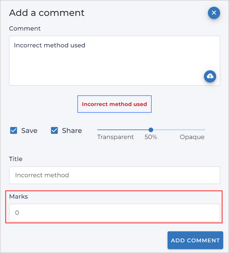 In the Add a comment dialog box, the Marks text field is highlighted and the number 0 is filled in.